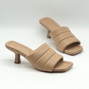 VINCE Cecil Slide Heel Sandals Women 8.5 Tan Quilted Leather Square Toe Kitten